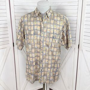Tori Richard Tropical Golf Print Button Up Camp Hawaiian Shirt Tan Medium